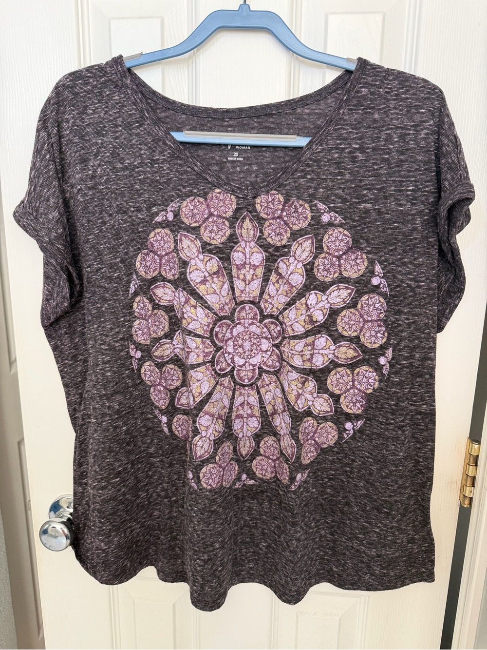 Style & Co. Dark Heather V-Neck Tee with Lavender Medallion
